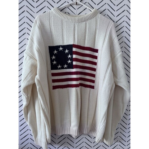 Vintage Old Glory Sweater Mens Large Pullover Knit Flag USA Crew Neck Patriotic - Picture 1 of 7
